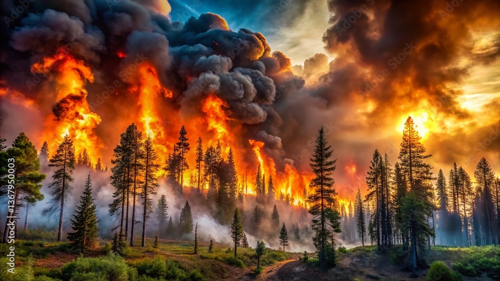 Fototapeta premium Panoramic View of Wildfire Ravaging Forest, Burning Trees and Smoke