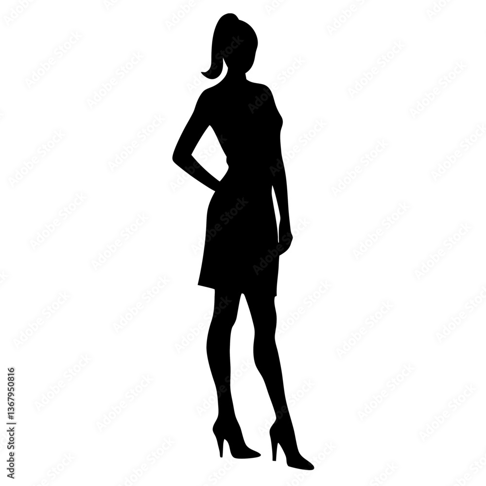 Silhouette of a business woman in a standing pose with flowing hair, showcasing elegance and beauty in a minimalist vector illustration Silhouette of a business woman in a standing pose with flowing hair, showcasing elegance and beauty in a minimalist vector illustration