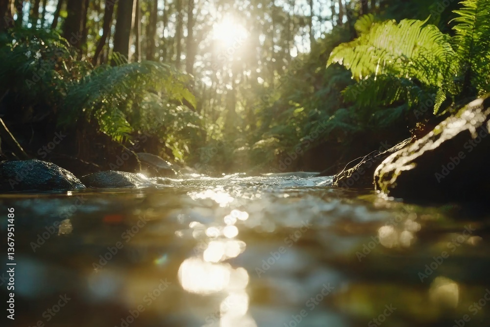 Fototapeta premium Sun shines through a forest stream, reflecting light on the water's shimmering surface
