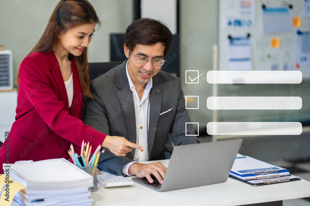 Business performance checklist concept, businessman using tablet and laptop doing online checklist survey, filling out digital form checklist.
