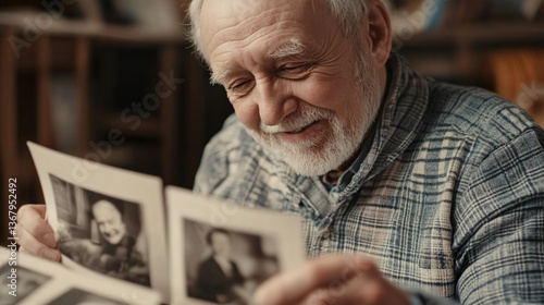 Senior man smiling as he looks at old black and white photographs.