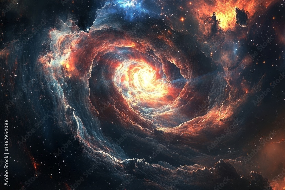 Swirling nebula of fiery orange and blue.