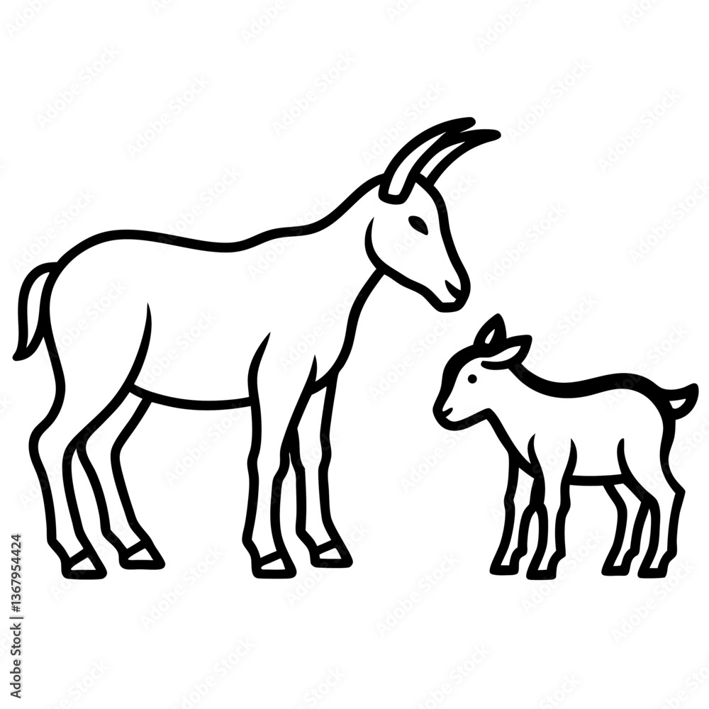 Line art vector silhouette of a goat and a a small goat grazing in a field Line art vector silhouette of a goat and a a small goat grazing in a field
