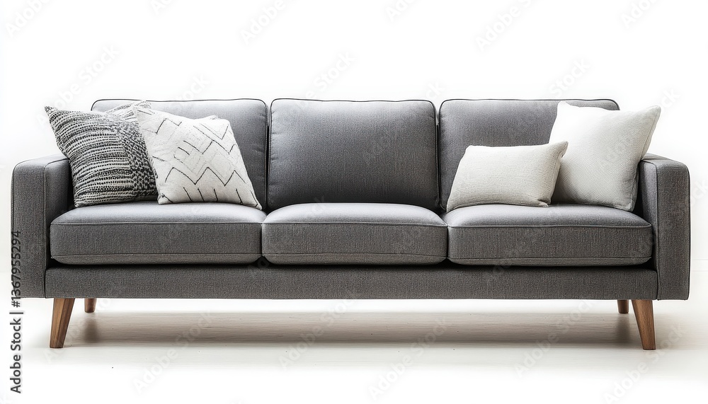 Fototapeta premium Modern Gray Sofa with Stylish Throw Pillows in a Minimalist Setting Perfect for Home Decor and Interior Design Projects
