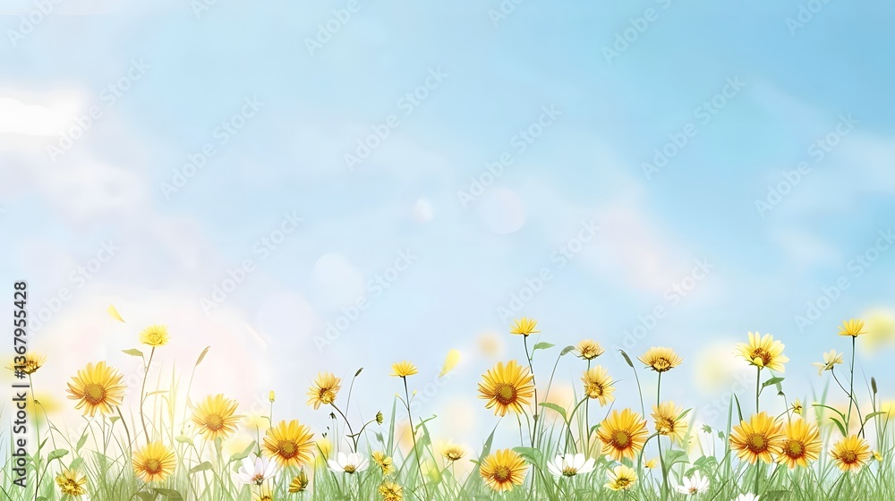 Obraz premium Vibrant sunflower field with golden yellow blooms set against a soft blue sky creating a serene and joyful natural landscape that radiates warmth and happiness