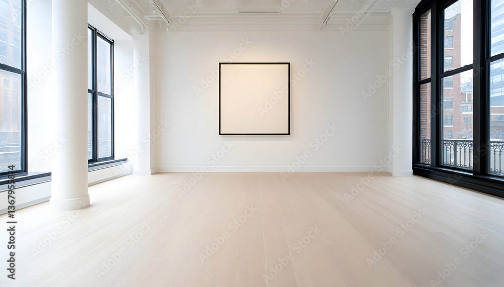 Obraz premium Minimalist gallery interior with large blank canvas, hardwood floors, and expansive windows