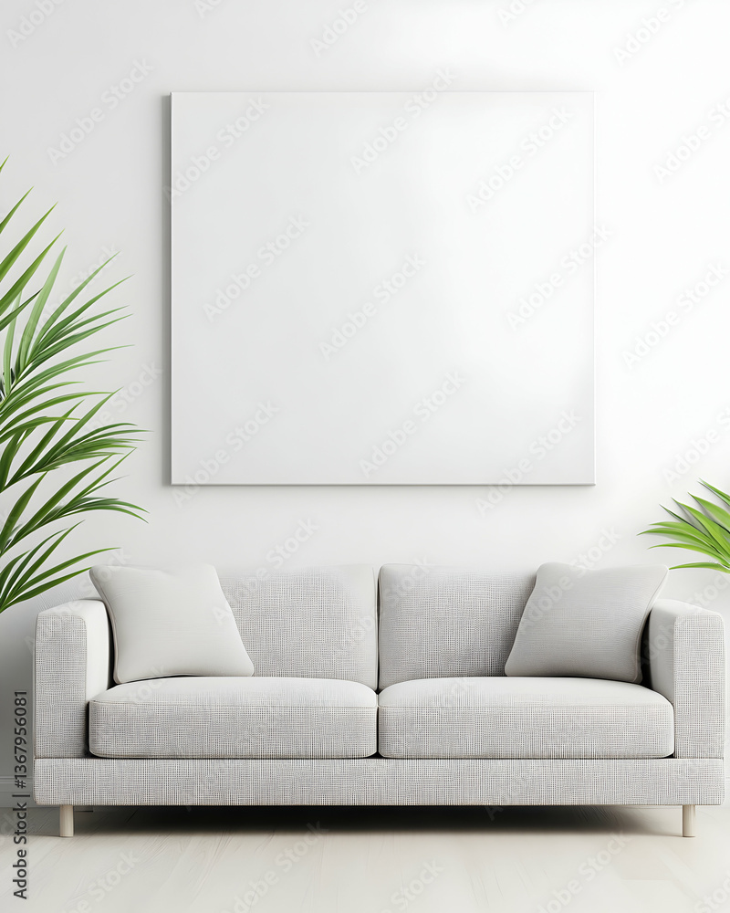 Minimalist living room with sofa, blank canvas, and plants Minimalist living room with sofa, blank canvas, and plants