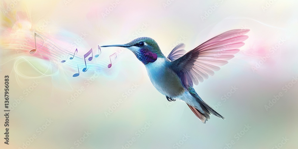 Fototapeta premium Melodic Flight: A hummingbird, bathed in ethereal light, dances in the air, seemingly serenading with musical notes that emanate from its beak.