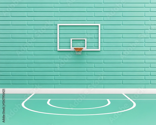 Minimalist teal basketball court with hoop against brick wall
