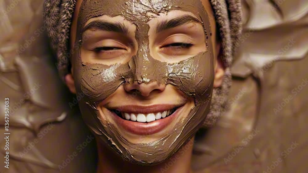 Smiling woman lying in mud bath with brown clay face mask and towel wrapped hair in soft spa light. Concept of relaxation and skincare ritual Smiling woman lying in mud bath with brown clay face mask and towel wrapped hair in soft spa light. Concept of relaxation and skincare ritual
