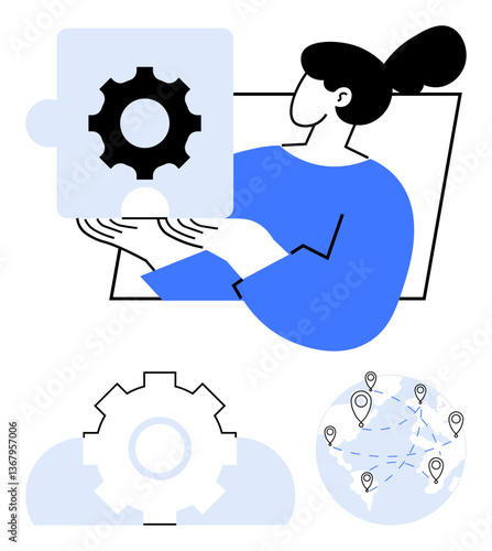 Woman holding puzzle piece with gear, cloud gear icon, and connected global map with pinned locations. Ideal for innovation, teamwork, problem-solving, technology, collaboration, integration