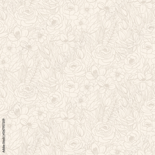 A seamless floral pattern in soft beige tones with delicate, intricate linework. Ideal for wallpapers, textiles, stationery, packaging, gift wrap, invitations, home decor, and elegant fashion prints.