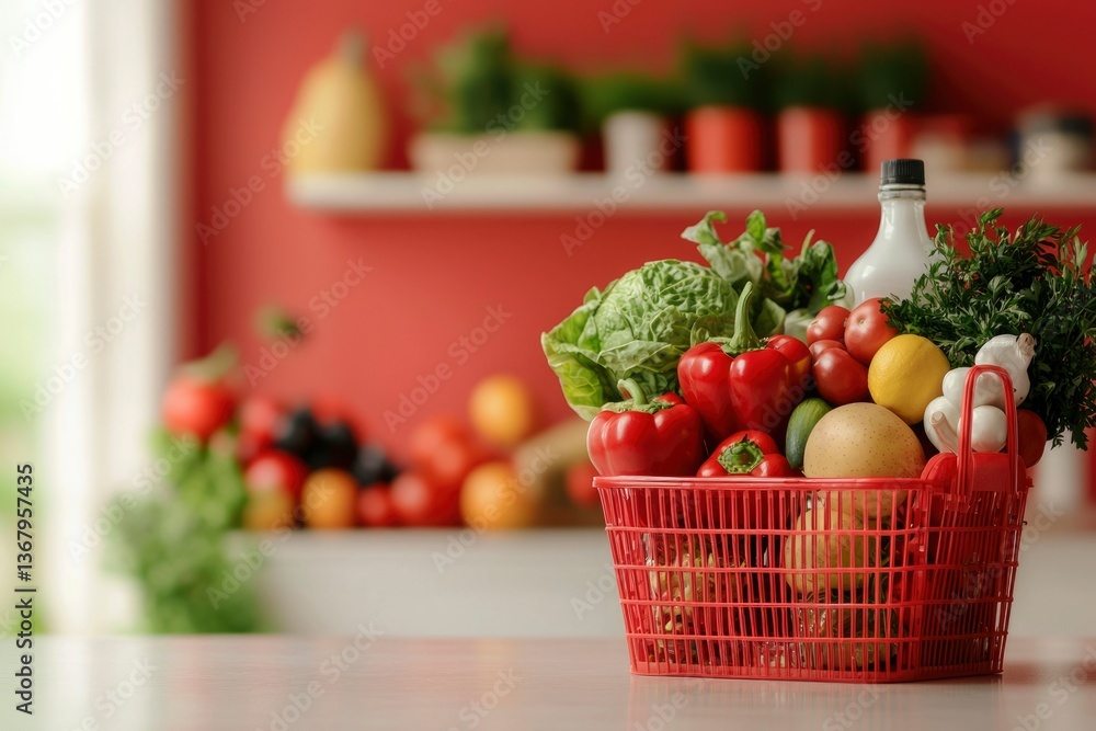 Red basket filled with fresh vegetables on a white table in front of a red wall, plants abound Red basket filled with fresh vegetables on a white table in front of a red wall, plants abound