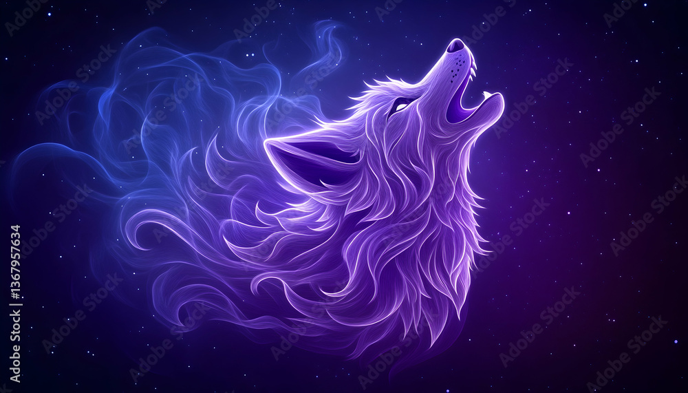 Mystical purple wolf howling at night, surrounded by cosmic smoke Mystical purple wolf howling at night, surrounded by cosmic smoke