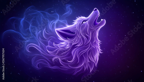 Mystical purple wolf howling at night, surrounded by cosmic smoke