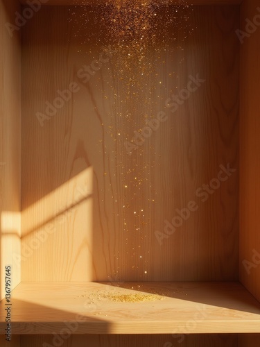 "Enchanting Wooden Shelf with Golden Sparkles and Warm Sunlight Shadows for Placement Product"