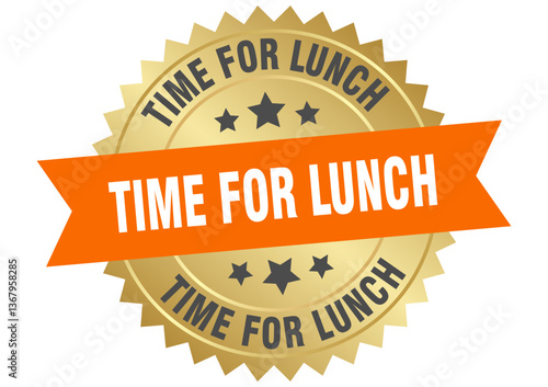 time for lunch. time for lunch round orange and gold label isolated on transparent background