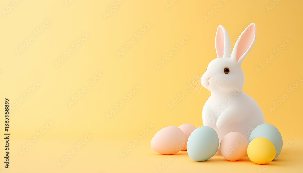 Obraz premium Pastel Easter eggs and a white rabbit on a yellow background