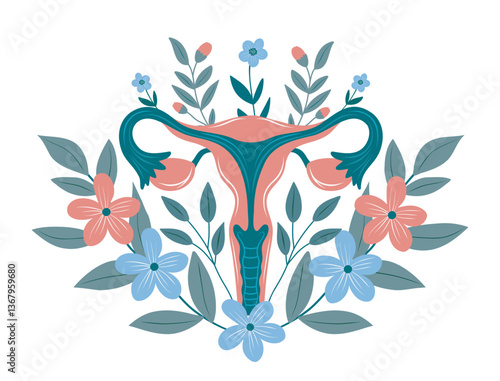 Healthy female uterus in flowers and plants. Women's health day. Vector illustration of female reproductive system concept, menstrual cycle, ovulation, hormones, gynecology. Use for medicine projects