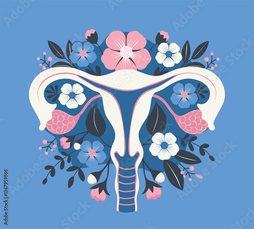 Healthy female uterus. Women's health day. Vector illustration of female uterus with flowers and blue, pink, white palette. Concept of female health, menstrual cycle, ovulation, hormones, gynecology