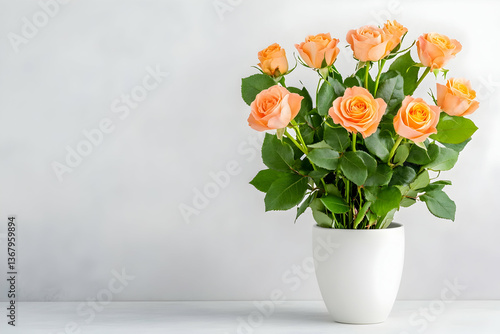 Wallpaper Mural Peach roses in a white vase against a light grey background Torontodigital.ca