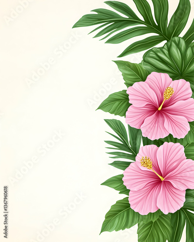 Pink hibiscus flowers and tropical leaves border on beige background