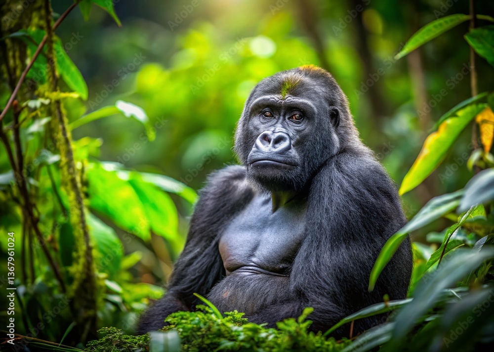Fototapeta premium Pensive Gorilla: Powerful Primate in Lush Jungle Habitat - Tilt-Shift Photography