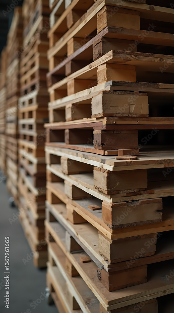 Detailed close-up of stacked wooden pallets in a warehouse, highlighting texture, grain, and industrial design elements, ideal for logistics and storage. Detailed close-up of stacked wooden pallets in a warehouse, highlighting texture, grain, and industrial design elements, ideal for logistics and storage.