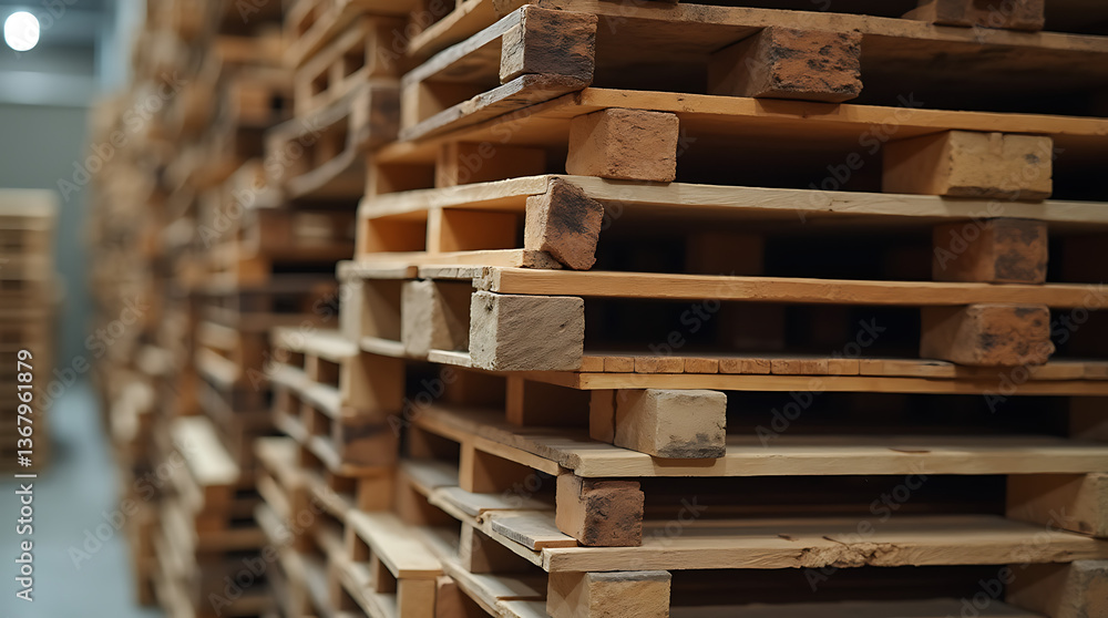 Detailed close-up of stacked wooden pallets in a warehouse, highlighting texture, grain, and industrial design elements, ideal for logistics and storage. Detailed close-up of stacked wooden pallets in a warehouse, highlighting texture, grain, and industrial design elements, ideal for logistics and storage.