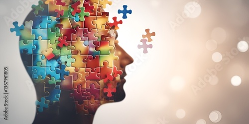 Colorful puzzle pieces coming together to form the profile of an adult head, representing mental health