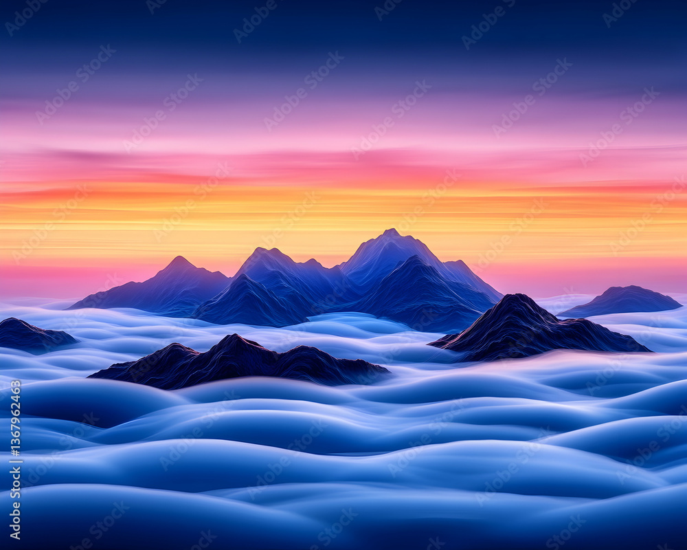 Vibrant sunset over majestic mountains piercing a sea of clouds Vibrant sunset over majestic mountains piercing a sea of clouds