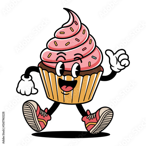Retro cartoon vector cupcake character happily walking with cheerful expression and sprinkles on top