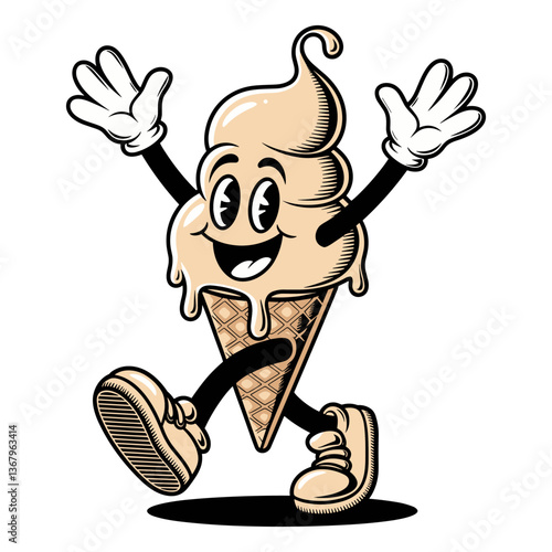 Vector cartoon character of a joyful ice cream cone in a playful pose with a happy facial expression