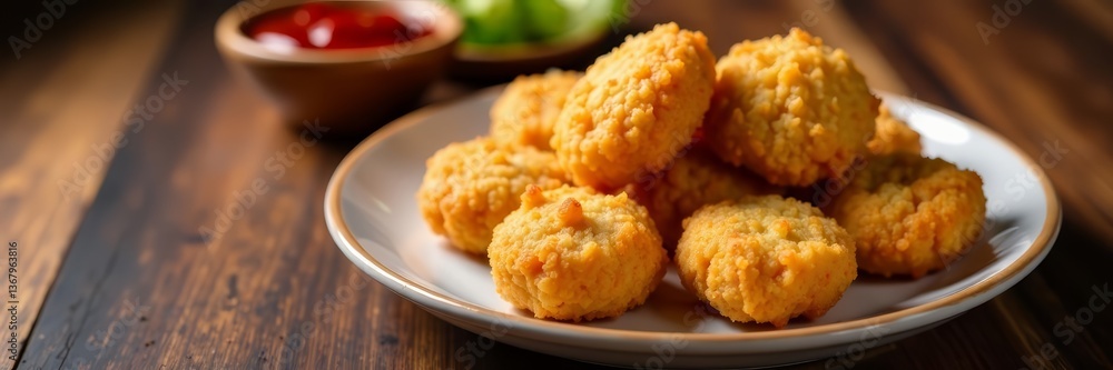 Appetizing chicken nuggets served with ketchup on a wooden table, delicious and tempting, breaded, fried, takeaway