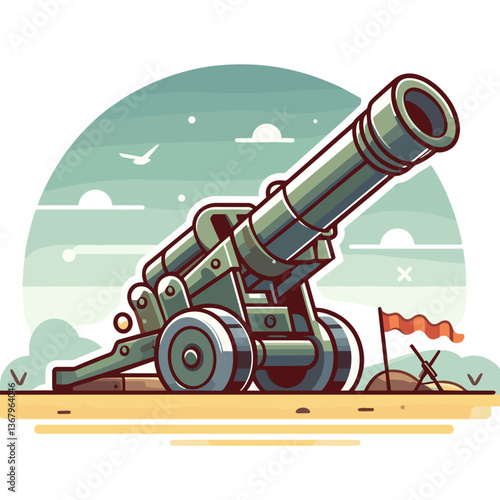 Vector illustration of cannon in circular frame on coastal background. Perfect for historical exhibitions and maritime museums.