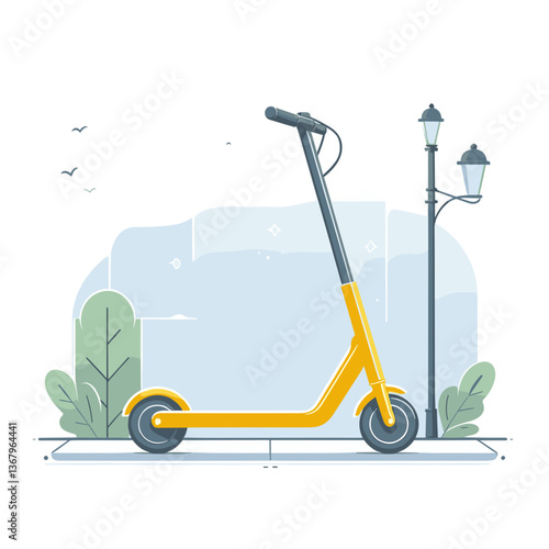 Vector illustration of yellow electric kick scooter in urban park setting. Ideal for eco-friendly transportation apps, urban mobility services, scooter rental companies, and city tourism promotions.