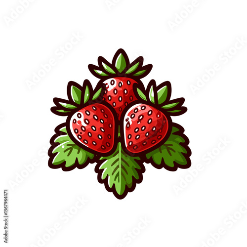 Vector illustration of three red strawberries with green leaves. Ideal for organic food packaging, fruit smoothie branding, summer dessert marketing, and healthy snack product promotions.