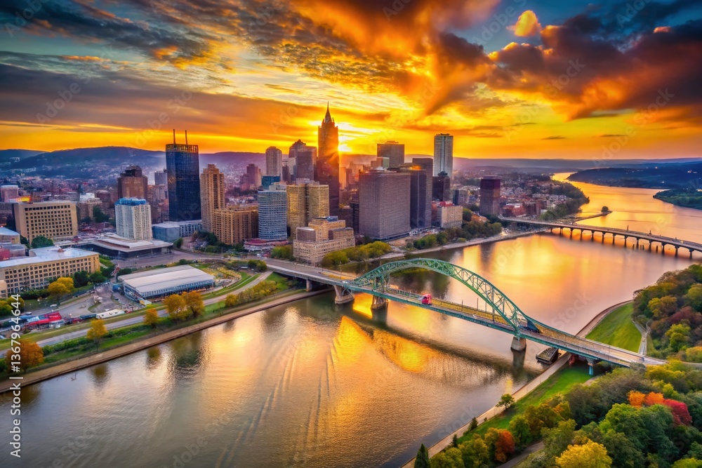 Fototapeta premium Pittsburgh Golden Hour Sunset Aerial View - Vintage Film Photography