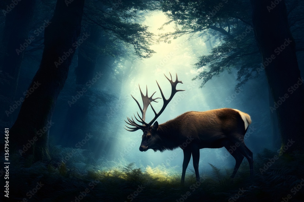 Majestic deer walking in enchanted forest at night Majestic deer walking in enchanted forest at night