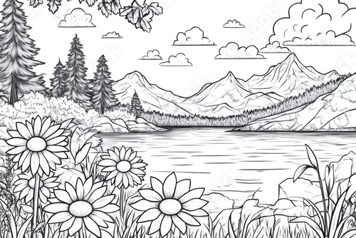 Wallpaper Mural Blooming daisies near a serene lake and majestic mountains in a hand drawn landscape Torontodigital.ca