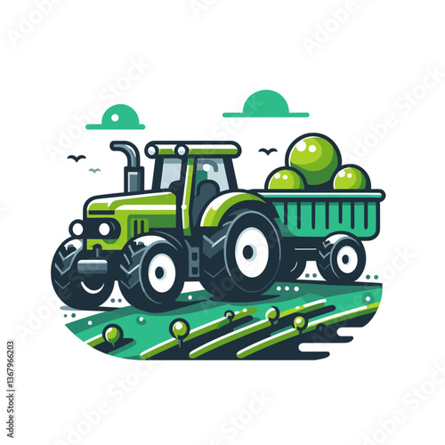 Vector illustration of green tractor with trailer harvesting crops. Ideal for agricultural services, farm equipment suppliers, rural farming operations, and organic produce growers marketing.