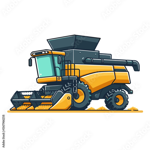 Vector illustration of yellow combine harvester with grain header. Perfect for agricultural machinery dealerships, grain farming operations, harvest season events, and farm equipment manufacturers.