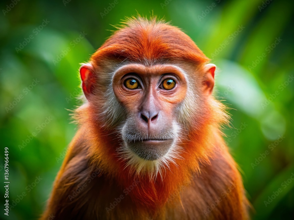Playful Redhead Monkey Portrait, Copy Space, Jungle Background Playful Redhead Monkey Portrait, Copy Space, Jungle Background