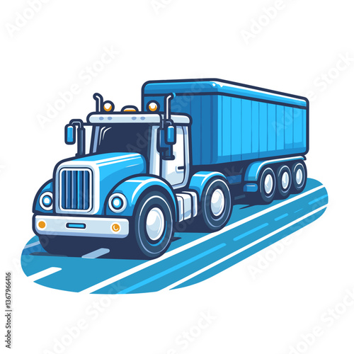 Vector illustration of blue semi truck with trailer on highway. Ideal for logistics companies, freight transportation services, trucking industries, and long-haul shipping operations promotions.