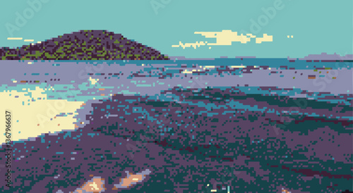 Pixel art beach with mountain