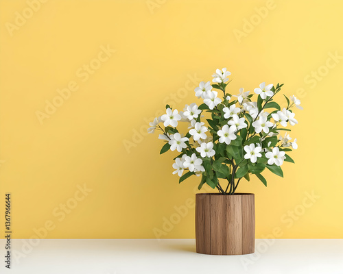 Wallpaper Mural White flowers in wooden pot against yellow wall Torontodigital.ca