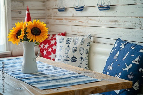 Sunflowers in a Pitcher on a Rustic Table with Nautical Decor. This idyllic image showcases a charming farmhouse-style setting.