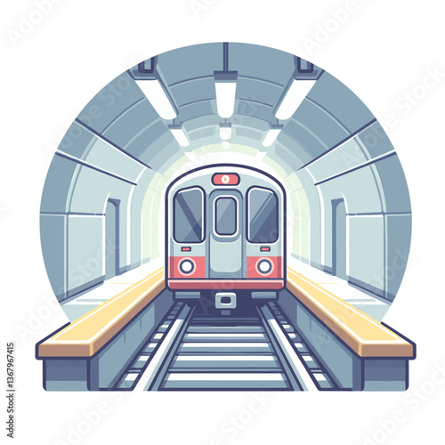 Subway train arriving at underground station tunnel with platform. Perfect for urban transportation illustrations, metro system infographics, and city tourism guides.