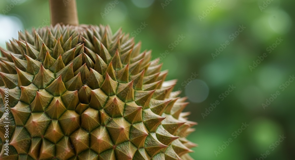 Close-up of Durian Fruit with Spiked Exterior and Green Bokeh Background Close-up of Durian Fruit with Spiked Exterior and Green Bokeh Background