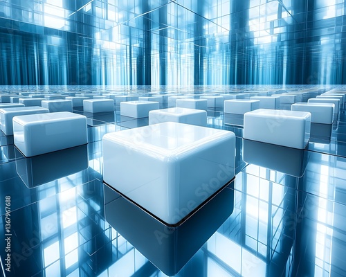 A futuristic room features many identical white rectangular structures